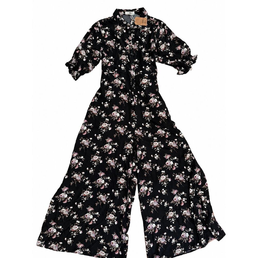 Floral Button-Front Wide Leg Jumpsuit - Black